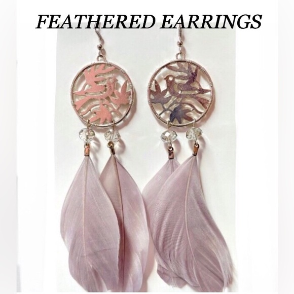 Feather EARINGS Women Faux Dangle Hook Long Drop w/medallion size4in L NWOT - Picture 2 of 10